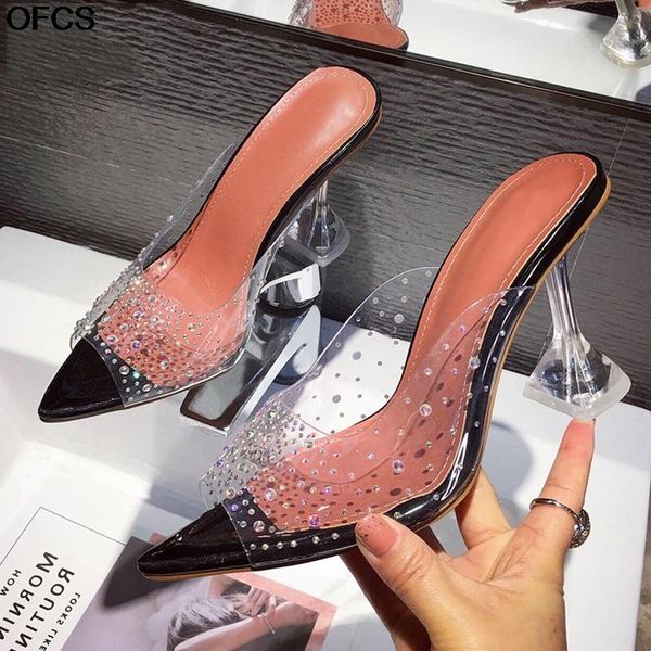 

pointed toe women slippers pvc transparent crystal cup heeled summer shoes high heels party dress pumps slides size41, Black