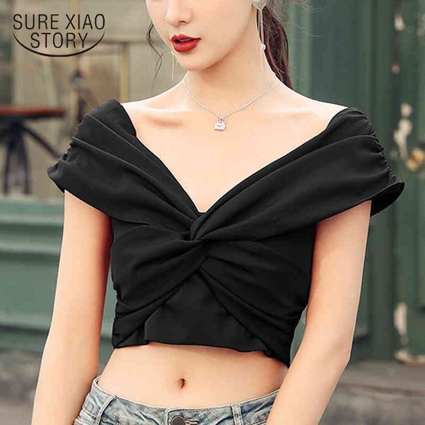 

summer solid deep v neck off-the-shoulder sleeveless slim ladies feminine fashion folds vest crop 9330 210508, White