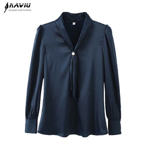 

navy blue chiffon shirt women v neck design spring fashion temperament satin long sleeve blouses office ladies work 210604, White