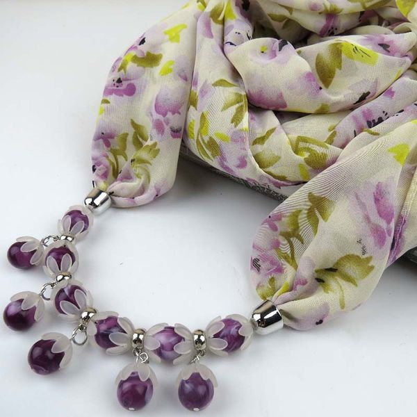 

2021 Spring New Arrival Women Pattern Printed Silk Scarf Necklace Handmade Resin Beads Pendant Scarf Small Choker Collar Scarf, Blue;gray