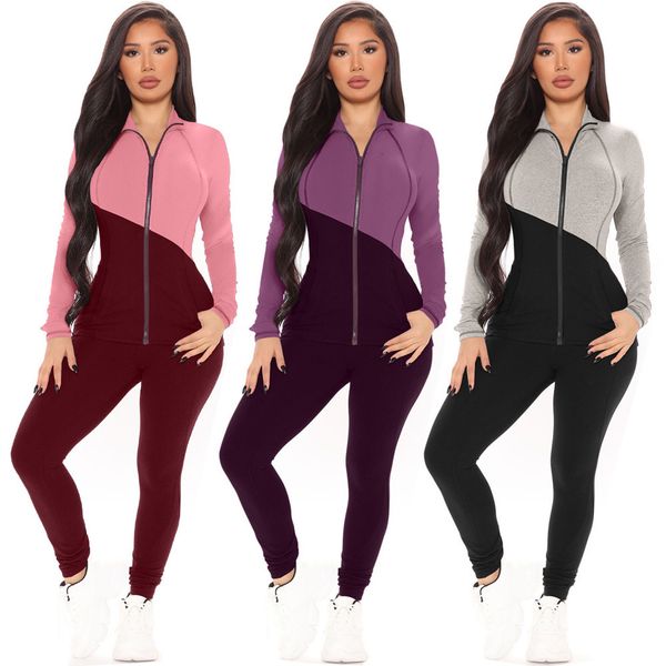 

women's tracksuits designer women tracksuit two pieces set contrast stitching long sleeve pants jacket zipper sportswear panelled tight, Gray