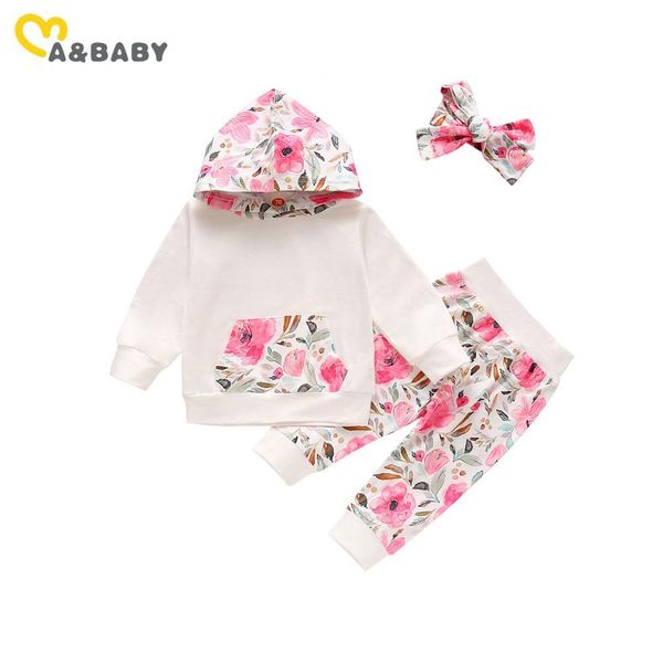 3-24M Blume geboren Säugling Baby Mädchen Kleidung Set Herbst Winter Mit Kapuze Sweatshirts Hosen Stirnband Blumen Outfits 210515