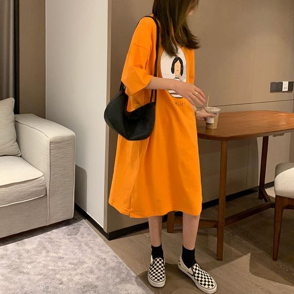 

women's t-shirt short sleeve 2021 round neck pullover portrait print loose waist long top, White