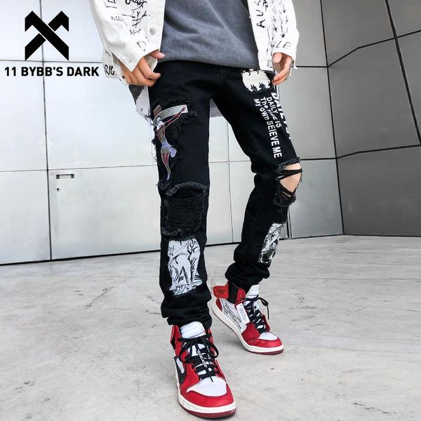 

men's jeans 11 bybb's dark hole patchwork graffiti pants men 2021 harajuku ink joggers trousers streetwear denim hip hop, Blue