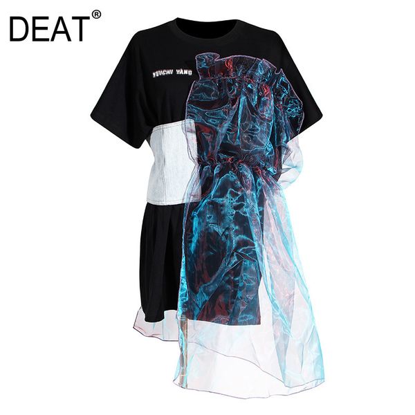 

deat summer fashion women clothes short sleeves organza spliced t-shirt patchwork dress female vestido wp09801 210428, Black;gray