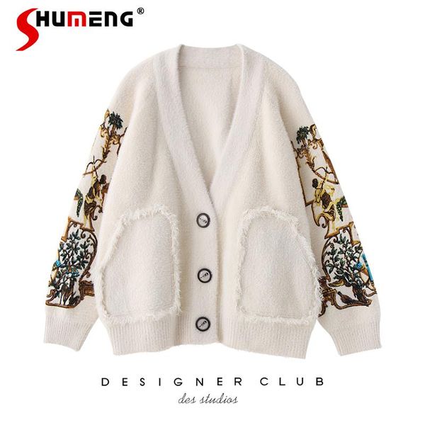 

women's jackets 2021 autumn and winter ladies fairy thickened graffitti embroidery coat cardigan fashion mink velvet loose casual jacke, Black;brown