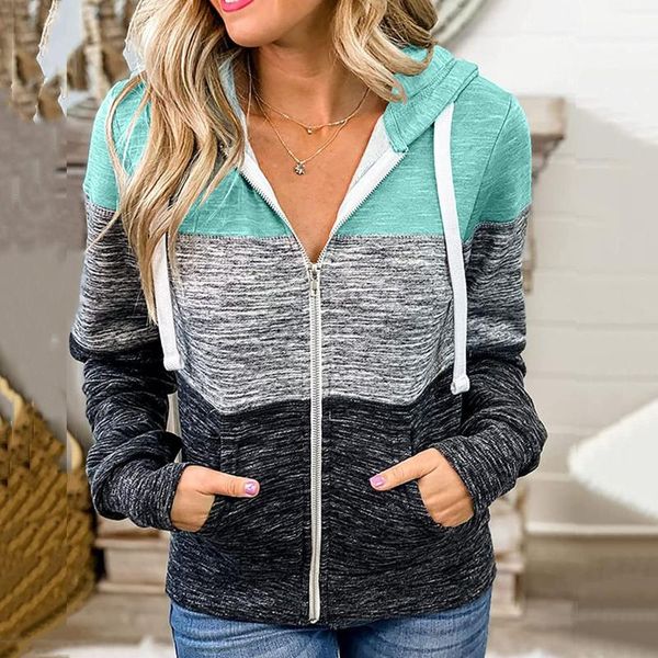 

women's jackets fashion long sleeve zip-up hoodie jacket print stitching color sweatshirt coat female winter clothes, Black;brown