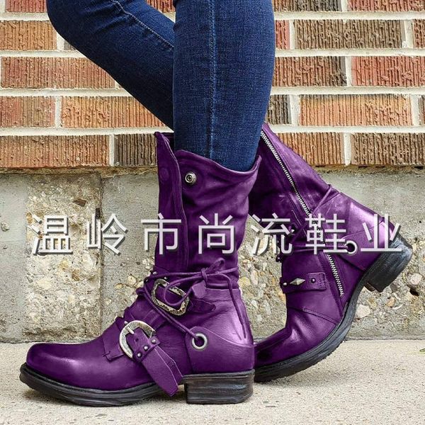 

boots 2021 autumn and winter round head retro rivet belt buckle middle tube women's shoes size 43, Black