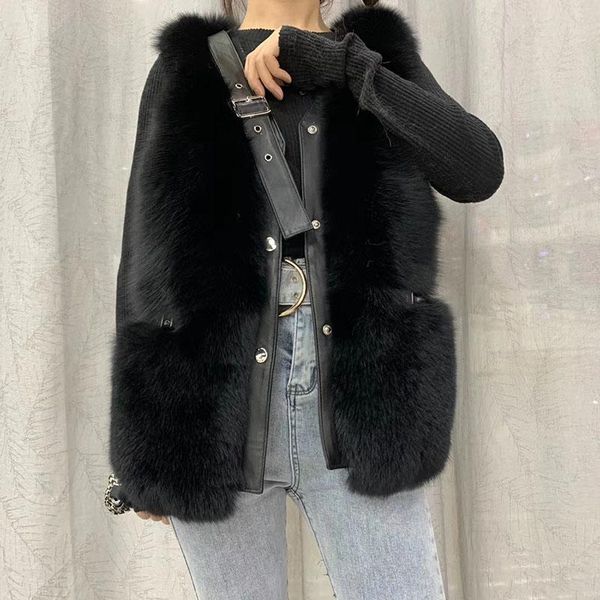 

women's fur & faux 2021 winter natural vest women warm thick fashion arrival real gilet female sleeveless genuine waistcoat, Black