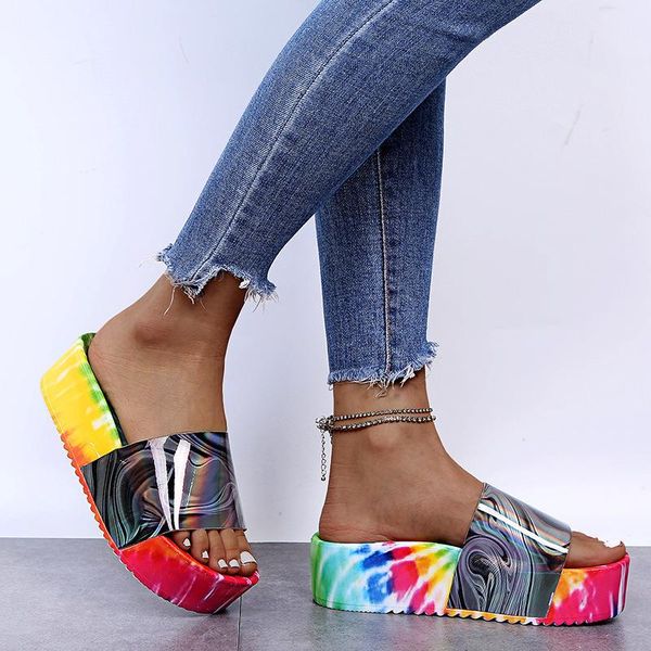 

women's platform rainbow color slippers woman summer slides ladies thick bottom fashion women female beach shoes big size, Black