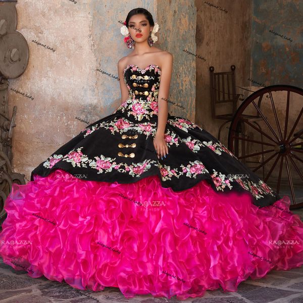 

floral appliqued funchsia quinceanera dresses beaded gothic lace-up corset sweetheart organza tiered sweet 15 prom gowns, Blue;red