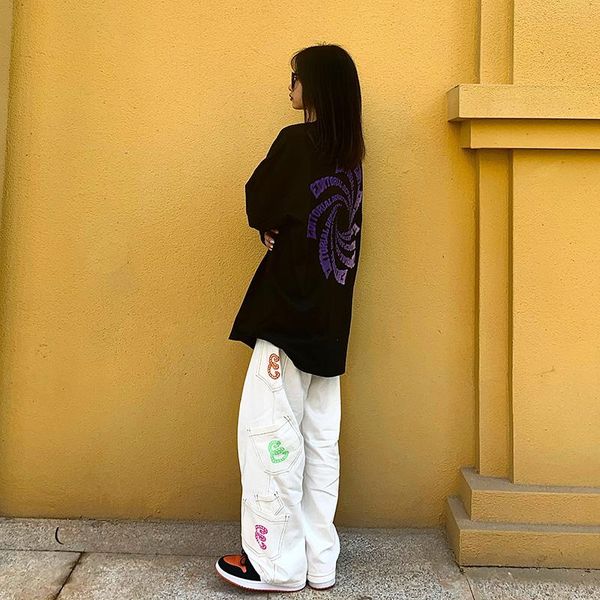 

men's jeans 2021 retro straight women oversize trousers pocket letter print harajuku streetwear casual denim pants female, Blue