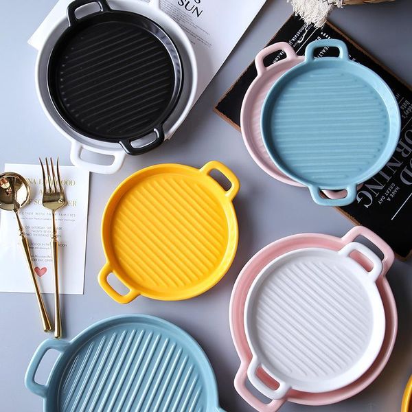 

dishes & plates matte ceramic baking pan bowl with double handle ins salad fruit dessert soup container dinnerware vegetable