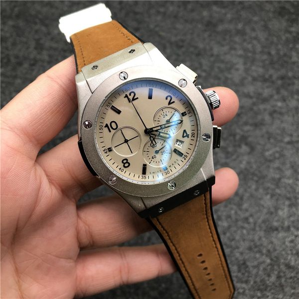 

2022 montre de luxe men's automatic quartz watch 42mm full stainless steel leather strap small dial working sport business gold watches, Slivery;brown