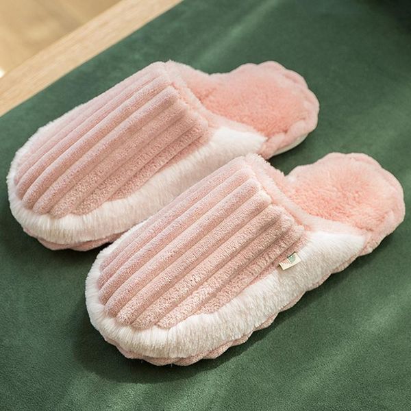 

slippers home cotton furry women men warm couple shoes comfortable female non-slip slient slides ladies, Black