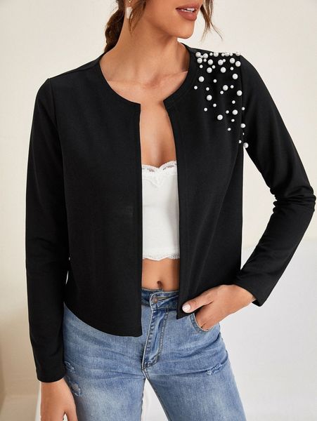 

pearls detail open front jacket k80u#, Black;brown