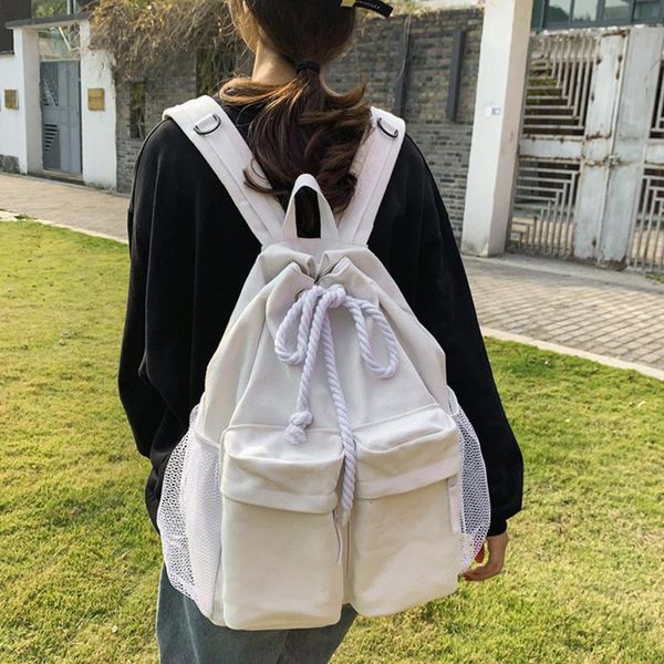 

backpack retro drawstring pure color canvas girl net bag college simple school large capacity travel man