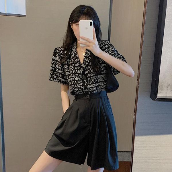 

women's t-shirt 2021 summer shirt english alphabet print suit simple loose short sleeve + shorts two piece set, White