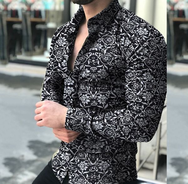 2021 Camisas Masculinas de Manga Longa Outono Casual com Botões Top Moda Férias Estampado Floral Negócios Blusas Musculares Magras