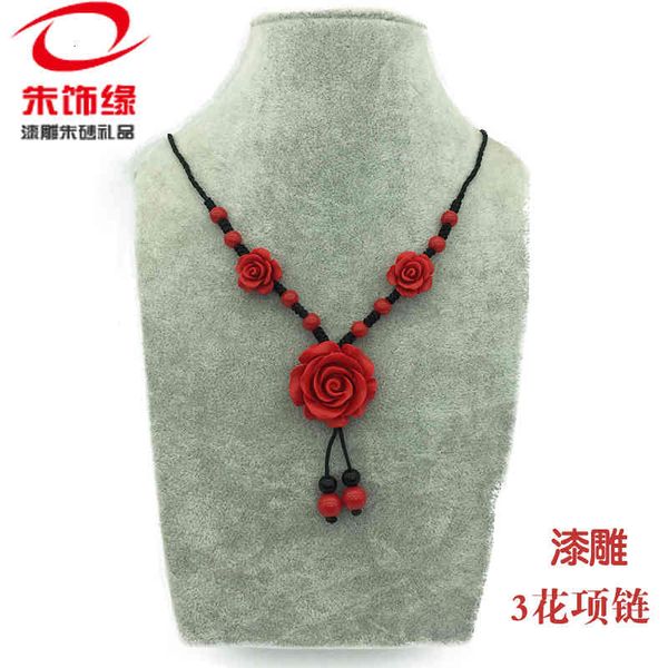 

chinese style products huangcheng zhu decoration vermilion sand red lacquer carving female rose 3 flower necklace national collarbone chain