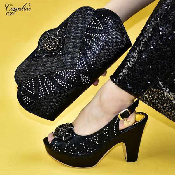 

dress shoes excellent black high heel african party and handbag set with rhinestones 9310-6 height .5cm