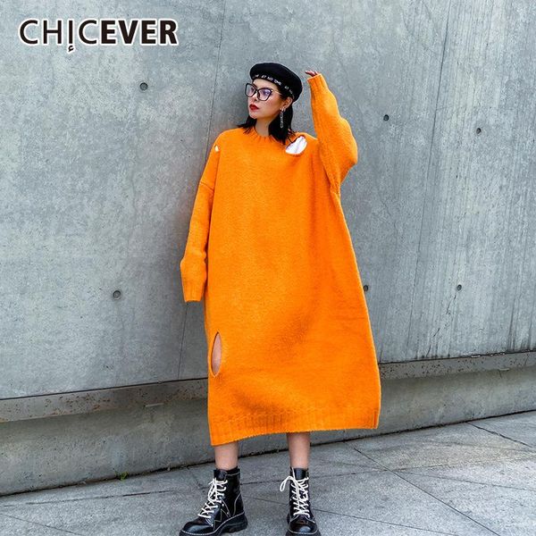 

casual dresses chicever oversized dress for women o neck long sleeve irregular hole knitting loose korean straight female 2021 clothing, Black;gray