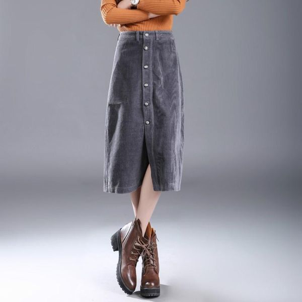 

skirts women skirt corduroy fashion fleece warm split mid-long buttons high waist korean plus size ladies solid color bottoms, Black