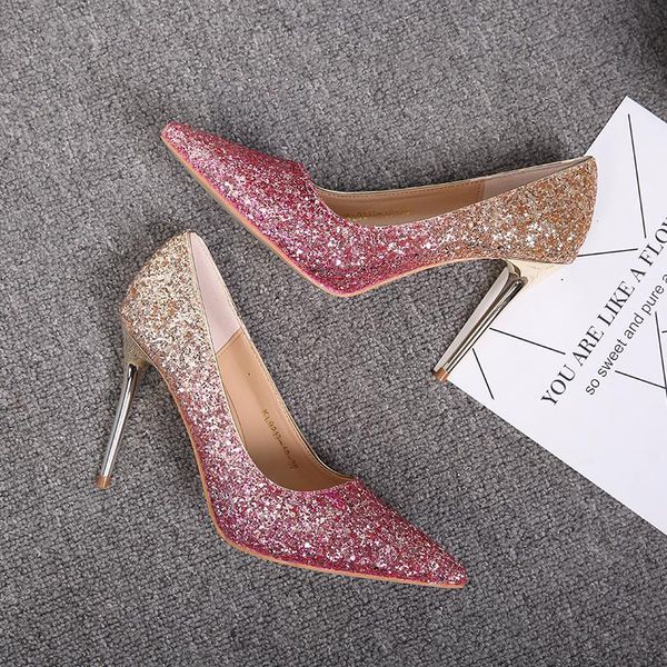 

dress shoes 2021 spring and autumn ladies high heels sequins shallow mouth party crystal pointed fine with gradient wedding, Black