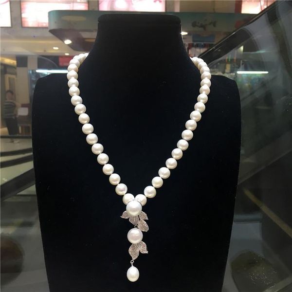 

chains sell 8-9mm natural white freshwater pearl necklace zircon accessories pendant fashion jewelry, Silver