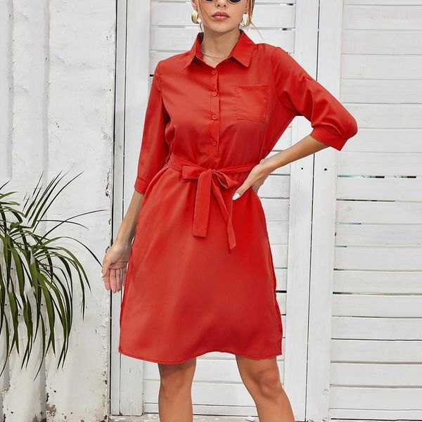 

women's swimwear dress shirt turn-down collar half sleeve strap belt solid summer plus size dresses vestidos mujer verano 2021, White;black