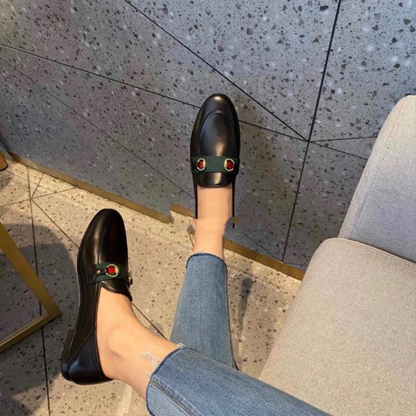 

luxury designer women dress shoes genuine leather casual flat heel slipper metal buckle slippers ladies loafers trample lazy boat 267b, Black