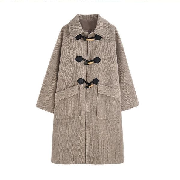 

women's wool & blends horn button woolen coat mid-length winter style retro korean loose thickened student over-the-knee, Black