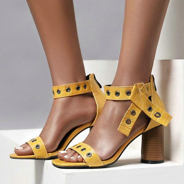 

women rivet open toe sandals fashion back zipper ladies square heel dress summer shoes woman yellow black