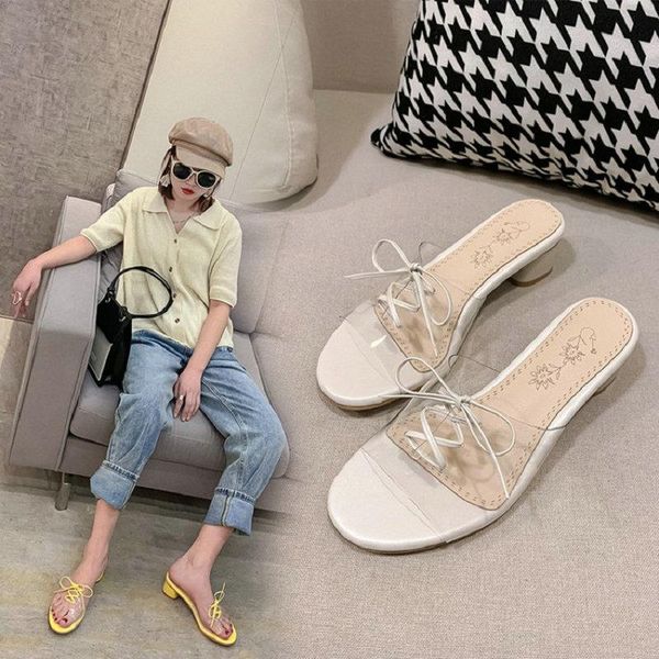 

slippers zawsthia 2021 pvc clear traparent slides sandals for woman yellow blue white open toe cross-tie women mules size 46, Black