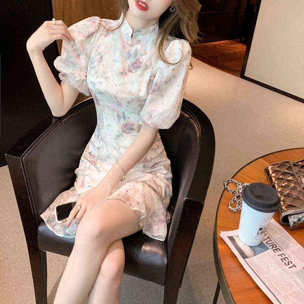 

casual dresses summer 2022 dign sense printed skirt improved cheongsam chiffon floral dress for women, Black;gray