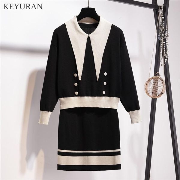 

women's two piece pants plus size xl-4xl runway sweater dress 2 set women tracksuit 2021 autumn patchwork twinset knitted pullover ski, White