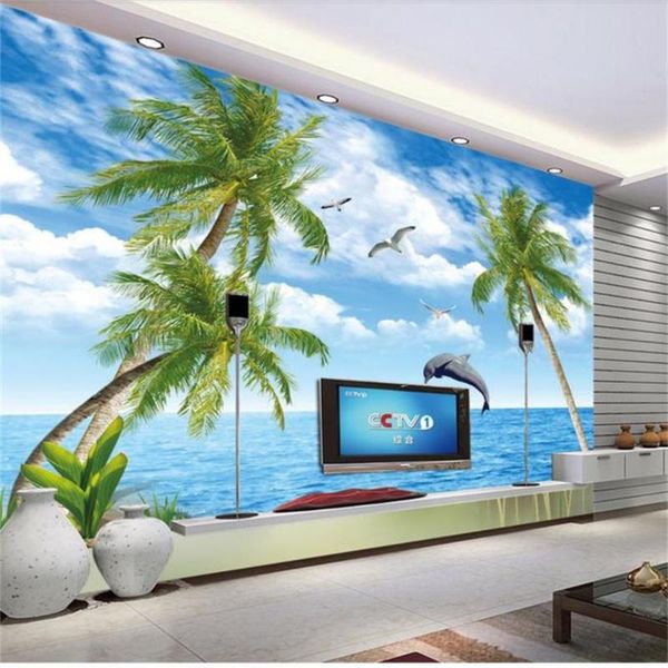 

wallpapers custom 3d po wallpaper mural room sofa tv backdrop living dolphin coconut tree seascape picture
