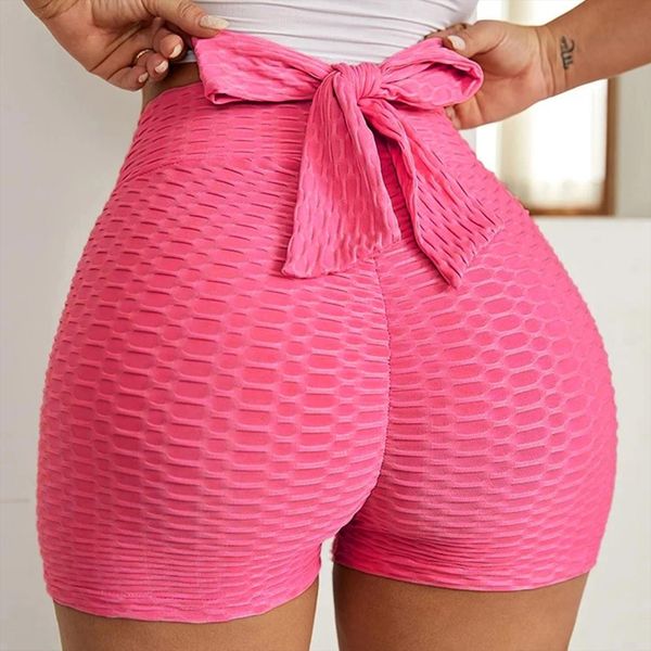 

bow solid color women leggings high waisted tie stretchy short sport fitness set pink pantalones de mujer, Black