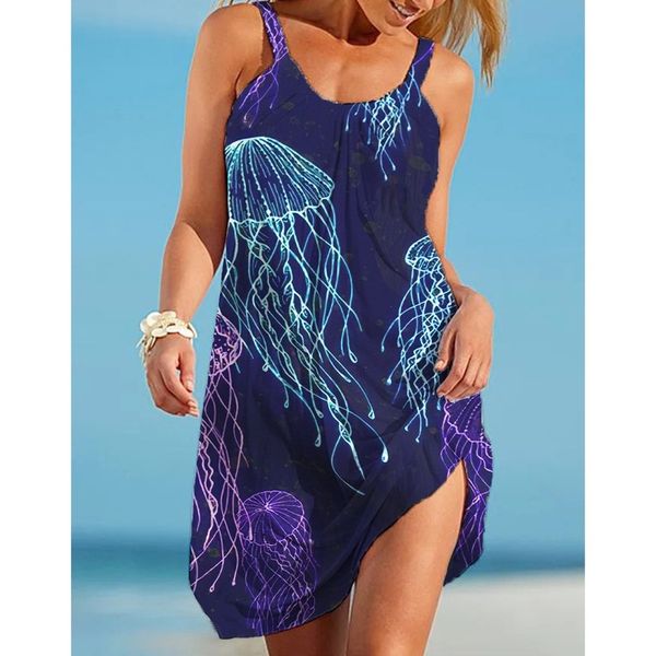 

graceful long-sleeved round neck strap new style 3d printing loose summer beach seabed animal ocs sling sleeveless casual dress, Black;gray
