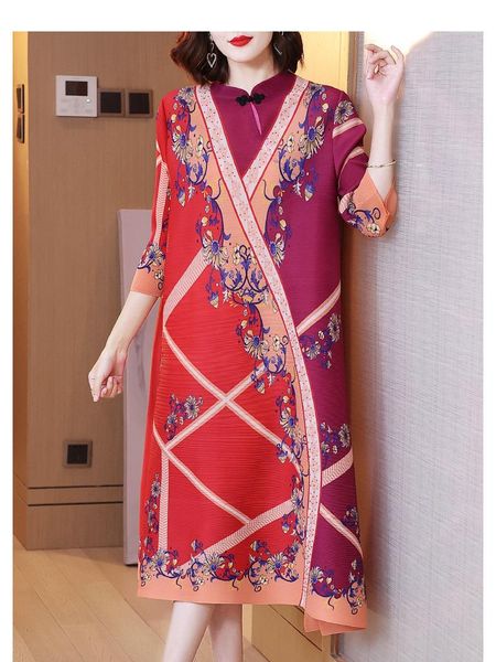 

casual dresses selling miyake pleated one-piece dress stand neck improved cheongsam chinese style retro print a-line in stock, Black;gray