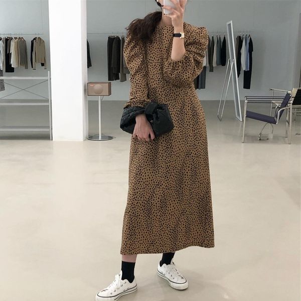 

elegant female high waist vintage long sleeve spring fashion leopard print loose o neck chiffon black women dress 278j 210420, Black;gray