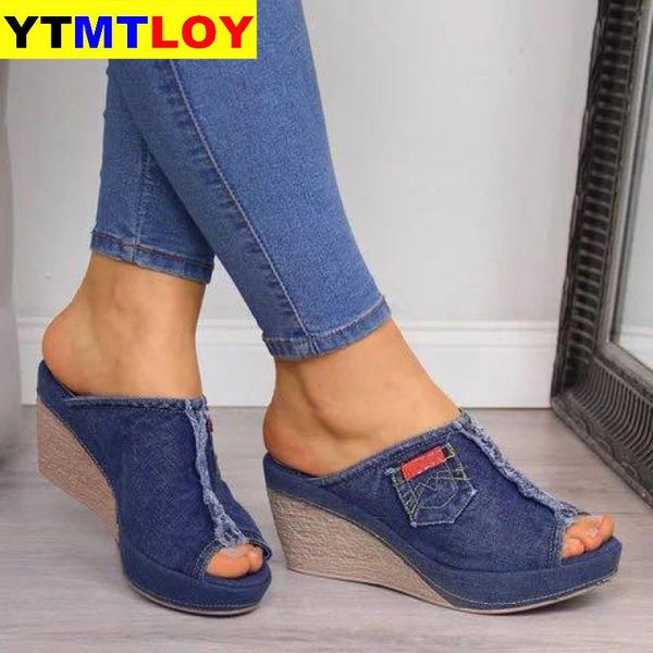 Sandálias Femininas Novos Sapatos Femininos Mulher Verão Cunha Confortável Senhoras Slip-on Planas Sandálias Denim Plataforma Cunhas Salto Alto