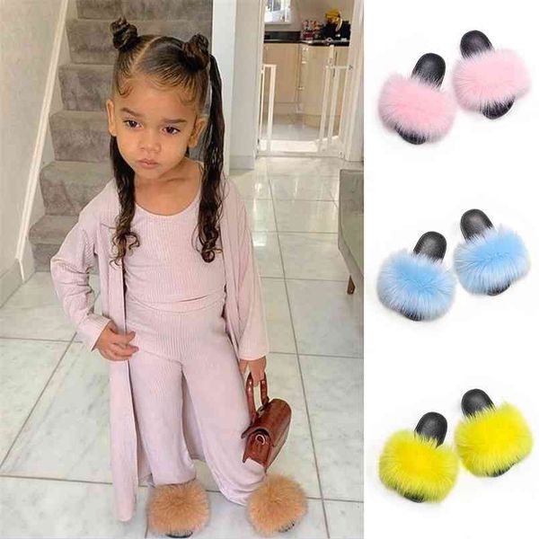 

kids fur slippers fluffy flip flops girls summer faux sandals children cute plush raccoon slides ry home flat shoes 210607, Black