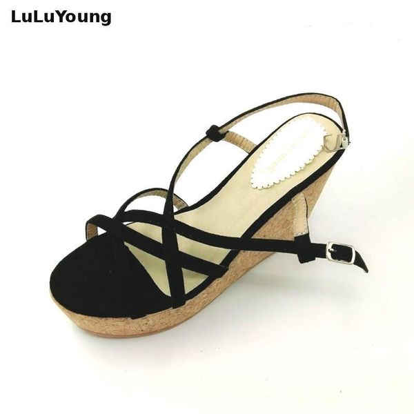 

11cm high heels shoes wedges cross strap sandals size 30 31 32 33 41 42 43 sy-1223, Black
