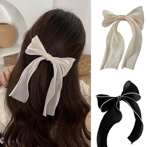 

pearl long ribbon hair bows clips women ponytail hairpins pearl rim satin bowknot hairgrips barrettes headwear hair accessories, Golden;silver
