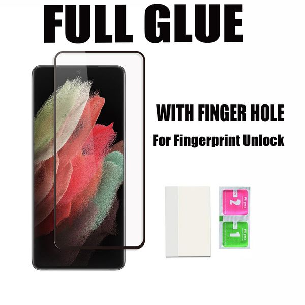 3D изогнутый полный клей Закаленное стекло экрана телефона защитник для Samsung Galaxy S21 S20 NOTE20 ULTRA S10 S9 S8 NOTE10 PLUS NOTE9 NOTE8 с отверстием разблокировки отпечатков пальцев