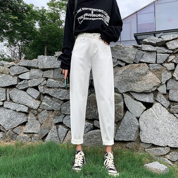 

woman elastic high waist plus size denim pants boyfriend washed cotton loose baggy jeans white trousers women's, Blue