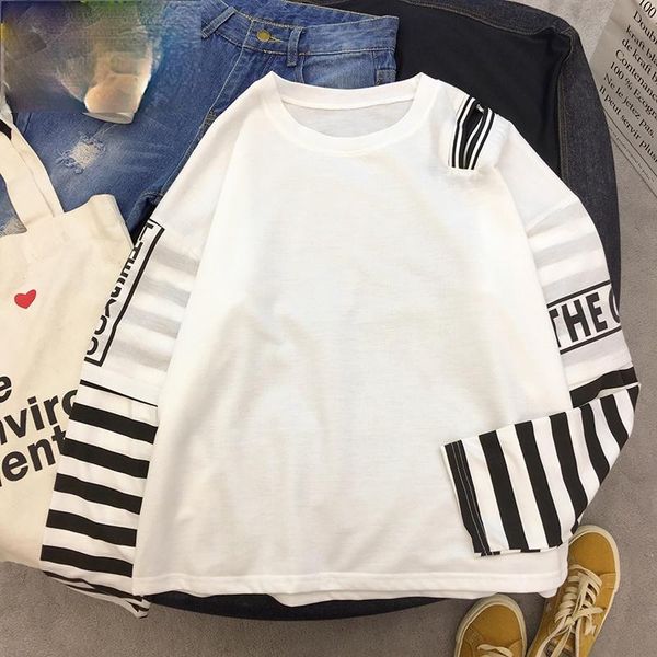 

women's t-shirt women long sleeved patchwork fake two pieces loose harajuku students korean holes fashion womens tees clothing, White