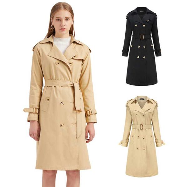 

women's trench coats british style double breasted mid-long coat women khaki slim belt cloak mujer windbreaker female abrigos, Tan;black
