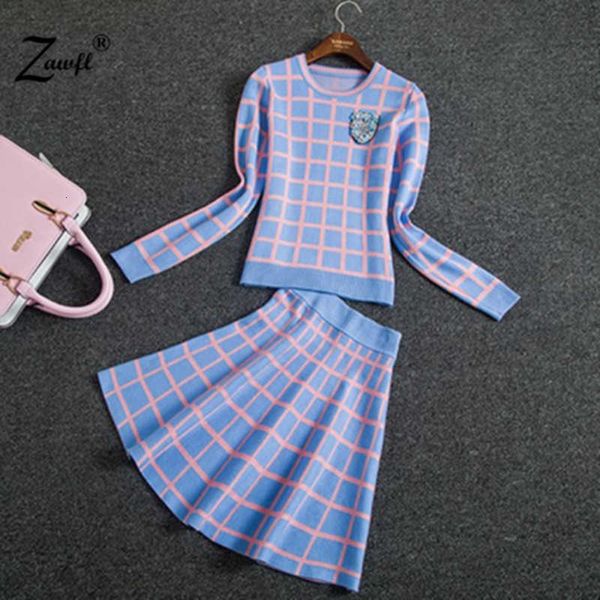 

two piece dress long-sleeve sweater suits women sweet beads collar knit crochet grid crop a-line skirt women's 2pcs set iion, White